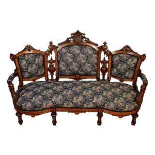 Circa 1870 Antique Victorian Carved Walnut Sofa New Upholstery Couch For Sale