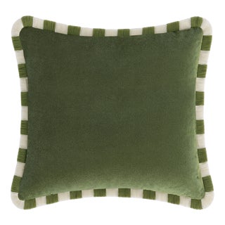 Bicolor Green Velvet Cushion with Green and White Fringes by Lo Decor For Sale