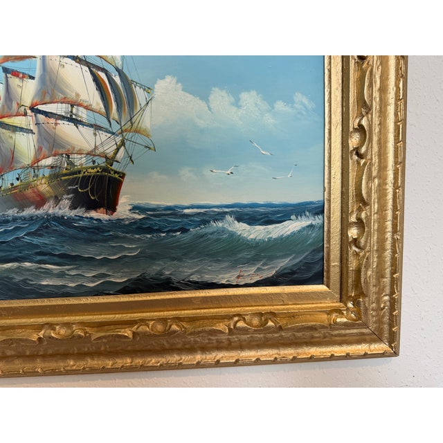 Original Oil Painting on Canvas Seascape Sailing Ship Signed Maritime Art Framed For Sale - Image 4 of 10