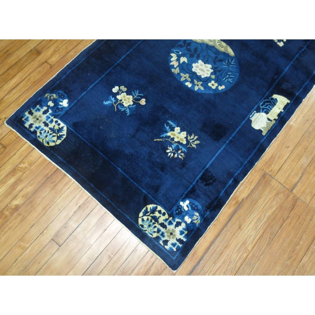 Chinoiserie 1920s Zabihi Collection Navy Blue Ivory Traditional Chinese Peking Rug For Sale - Image 3 of 18