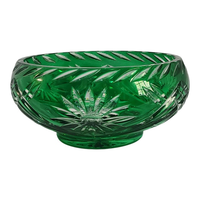 Vintage Elegant Crystal Bohemian Cut to Clear Green Candy Dish Bowl For Sale