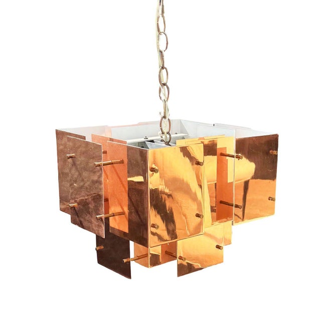 Brutalist 1970s Mid Century Modern Floating Panel "Cityscape" Brutalist Copper Chandelier by Robert Sonneman For Sale - Image 3 of 14
