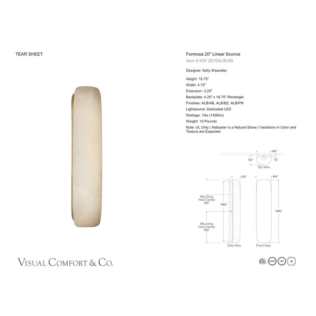 Metal Kelly Wearstler for Visual Comfort Signature Formosa 20" Linear Sconce in Alabaster and Antique-Burnished Brass For Sale - Image 7 of 9