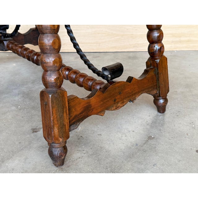 19th Spanish Sturdy Side Table with Carved Turned Legs and Double Stretcher For Sale - Image 10 of 18