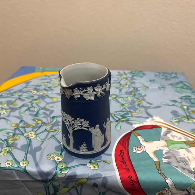 Neoclassical Vintage Wedgwood Cobalt Blue Dipped Jasperware Small Pitcher Jug — Classical Figures & Grapevine Relief For Sale - Image 3 of 7