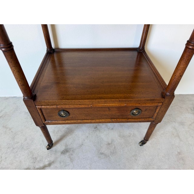 1970’s Vintage Mount Airy Three-Tier Walnut Etagere With Drawers & Brass Casters For Sale In Miami - Image 6 of 12