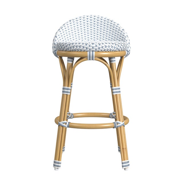 Spritely Home Accent Furniture Tobias 24.5 in. Seat Height Outdoor Rattan and Metal Low Back Counter Stool, White/Sky Blue Dot / Natural Rattan Frame For Sale - Image 4 of 8