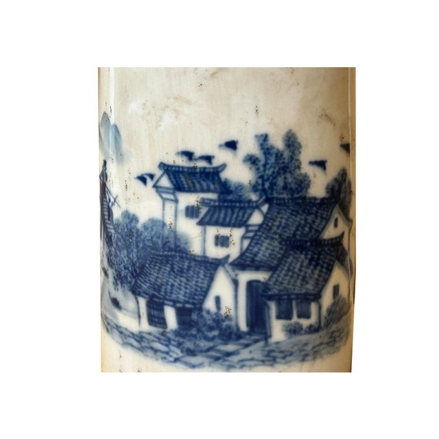 Chinese Distressed White Porcelain Blue Mountain Houses Graphic Holder Vase For Sale - Image 10 of 15