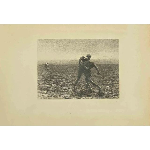 Wrestling is an etching realized by Eugène Burnand (1850-1921) in the Late 19th century. Signed on the plate. Good...
