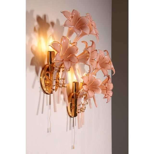 Pink Lily Spectacular Murano Wall Lamps by Franco Luce, 1970, Set of 2 For Sale - Image 4 of 10