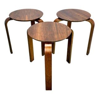 Mid Century Modern Alvar Aalto Style Teak Stacking Stools Side Tables Restored—Set of 3 For Sale