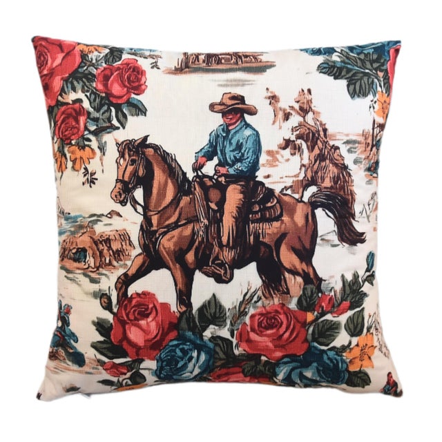 American Western Galloping Cowboy & Horse Double Sided Feather/Down Pillow For Sale - Image 3 of 5