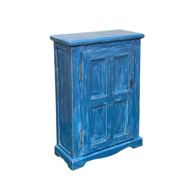 Revamp your space with the captivating Distressed Blue Lacquer Slim Narrow Single Door Side Cabinet Chest. This elegant...