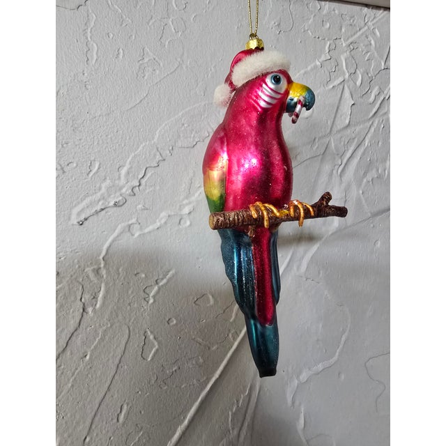 Rustic European Vintage Hand-Blown Glass Tropical Parrot in Santa Hat Christmas Ornament For Sale - Image 3 of 12