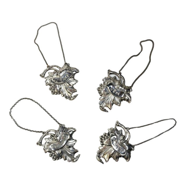 Silverplate Grapevine Motif Liquor Tags - Gin, Vodka, Scotch, Bourbon For Sale