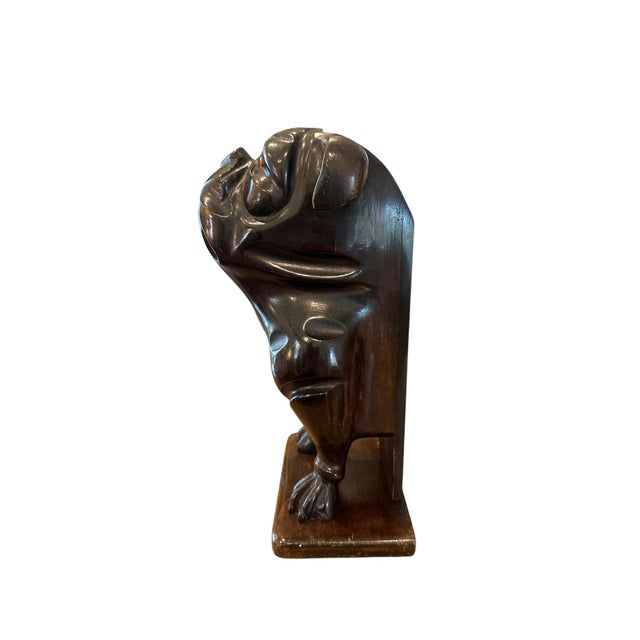 Early 20th Century Antique French Walnut Hand Carved English Bulldog Brush Stand / Valet / Matchstick Holder With Amber Glass Eyes, Iris Apfel Owned For Sale - Image 5 of 8