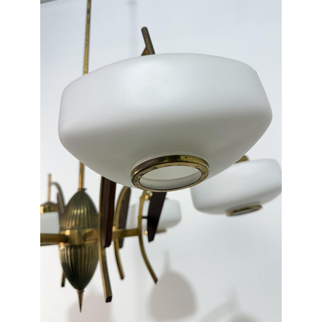 Gold 6-Light Chandelier in Brass, Wood and Opal Glass in the style of Stilnovo, 1950 For Sale - Image 8 of 11