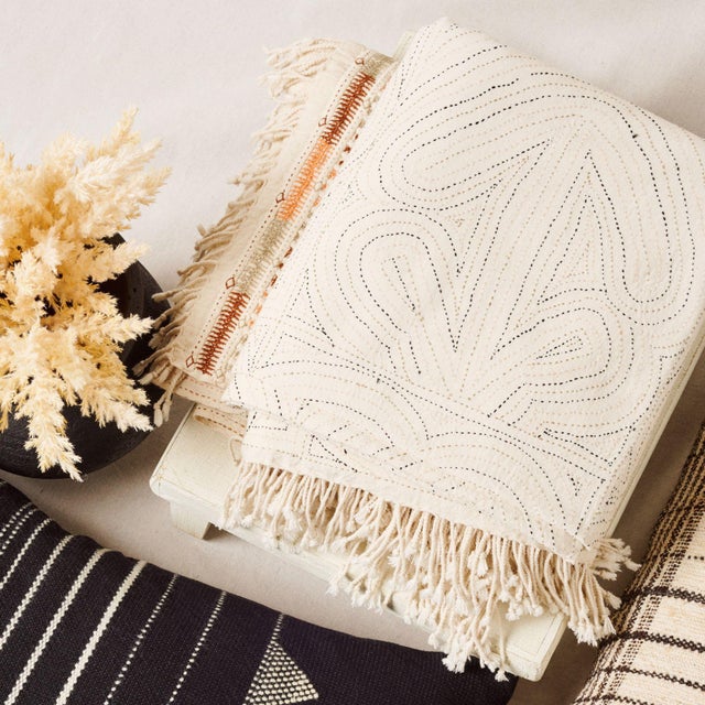 Contemporary Contemporary Katha Organic Cotton Fully Embroidered Queen Size Bedspread For Sale - Image 3 of 11