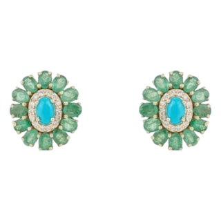 Retro 4.93 Ct Turquoise Emerald Diamond Floral Cluster Stud Earrings in 14k Gold- A Pair For Sale