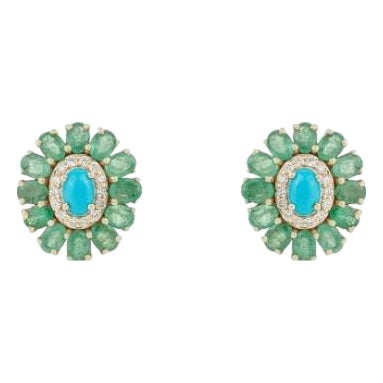 Retro 4.93 Ct Turquoise Emerald Diamond Floral Cluster Stud Earrings in 14k Gold- A Pair For Sale