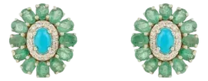 Retro 4.93 Ct Turquoise Emerald Diamond Floral Cluster Stud Earrings in 14k Gold- A Pair