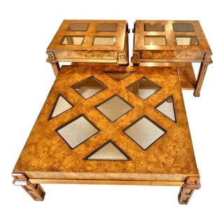 Documented 1970s Wited (Witco) Burl & Smoked Glass 3-Piece Table Set For Sale