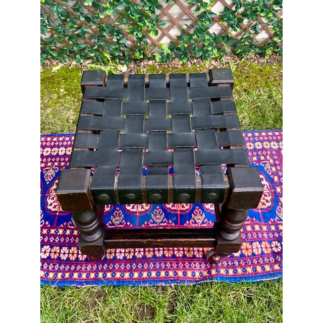 1960s Vintage Spanish Revival Woven Leather Strap Rolling Footstool For Sale - Image 5 of 13