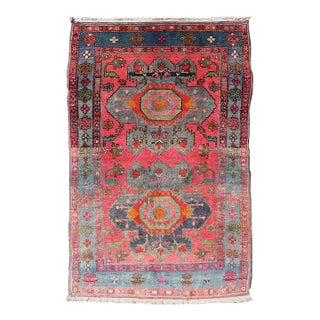 Vintage Caucasian Kazak Rug With Twin Medallions and Blue Border 3'9 X 6'1 For Sale