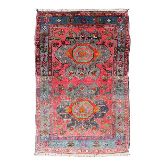 Vintage Caucasian Kazak Rug With Twin Medallions and Blue Border 3'9 X 6'1 For Sale