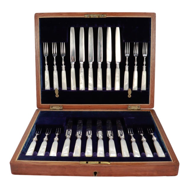 Antique English Sterling Silver & Mother-of-Pearl Cased 24-Piece Dessert Service For Sale