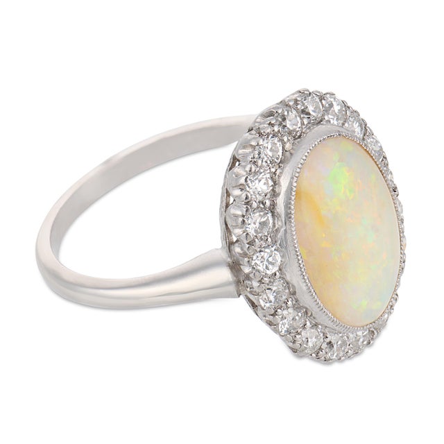 Mid Century Opal Old European Cut Diamond Platinum Cluster Ring, Size 6 For Sale - Image 4 of 6