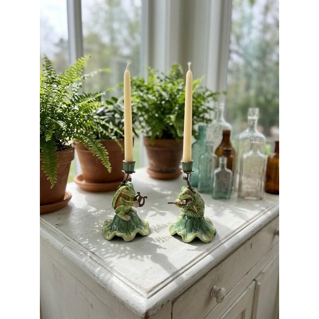 Pair of Vintage Whimsical Ceramic and Bronze Patinated Metal Musical Frog Candle Holders For Sale - Image 9 of 12