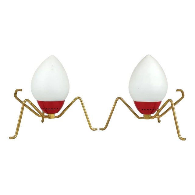 Brass & Opaline Glass Spider Table Lamp, Italy, 1950s, Set of 2 For Sale