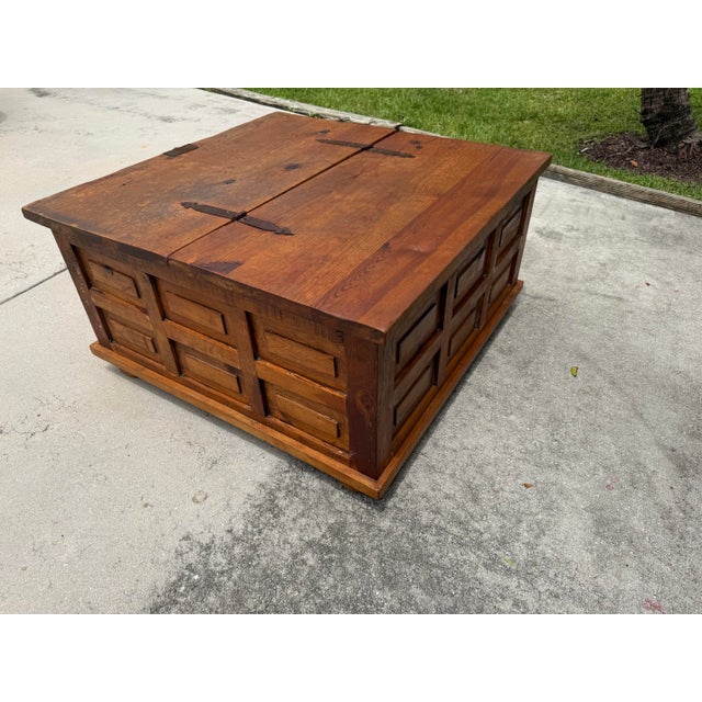 Coffee Vintage 39” Square Mexican Rustic Pine Trunk Cocktail Table For Sale - Image 8 of 13