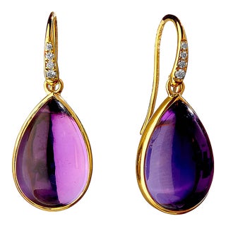 Syna Yellow Gold Amethyst Earrings with Diamonds, a Pair For Sale