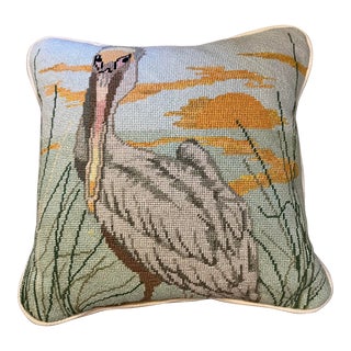 Vintage Needlepoint Pillow Pelican For Sale