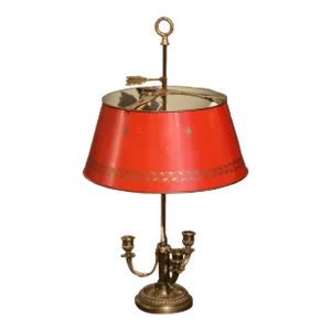 Early 20th Century French Brass & Painted Tole Three-Light Bouillotte Table Lamp