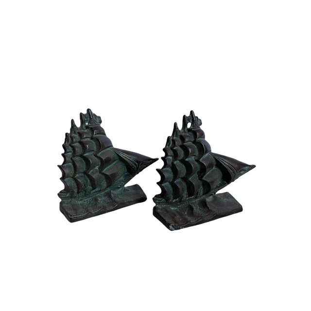 Late 19th Century Turn of the Century Sculpted Bronze Ship Antique Bookends - Set of 2 For Sale - Image 10 of 11