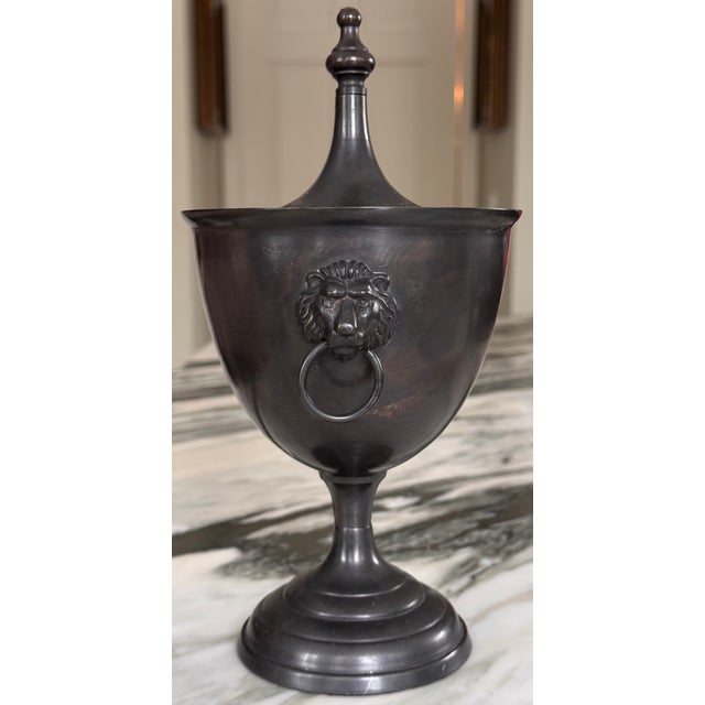 Vintage Neoclassical Bronze Finish Metal Lion Head Motif Urn Jar For Sale - Image 4 of 9