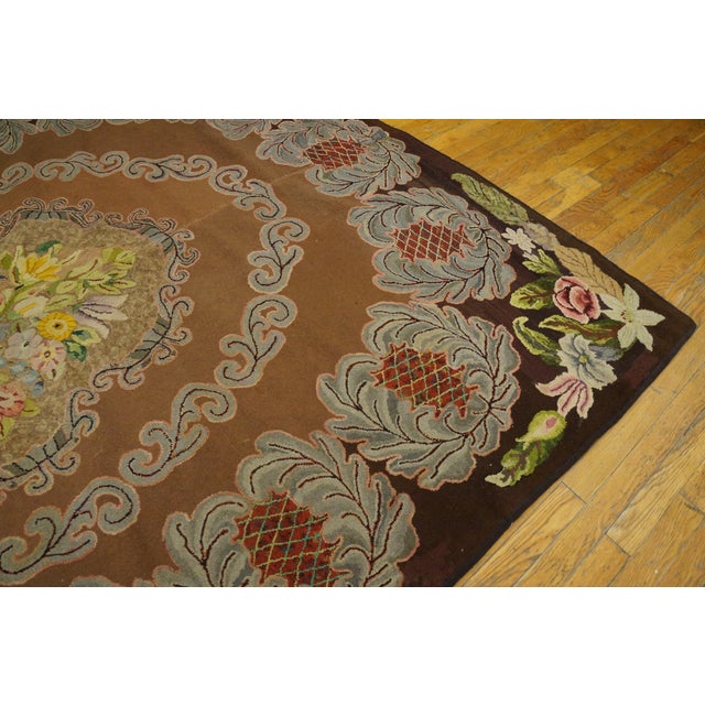 1930s Tan Camel Floral Medallion Antique American Hooked Rug 6'7" X 9'7" Handknotted Wool Carpet For Sale In New York - Image 6 of 6
