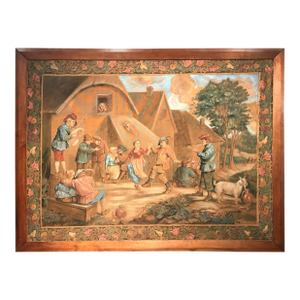 19th Century French Hand Painted Framed Pastoral Canvas After David Teniers