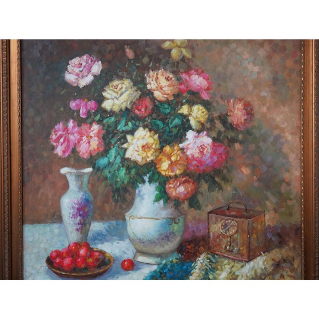 1980s Large Floral Still Life Oil Painting on Canvas Artist Signed For Sale - Image 5 of 12