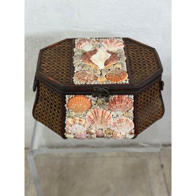 Folk Art Rattan Basket With Shells For Sale - Image 3 of 7