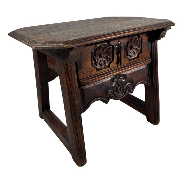 Spanish Castilian Carved Wood Side Table with Iron Hardware, 1910 For Sale