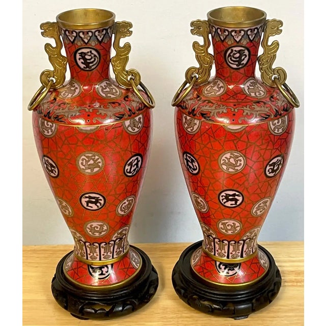 Mid 20th Century Mid 20th Century Chinese Red Cloisonné Zodiac Vases With Stands - a Pair For Sale - Image 5 of 13