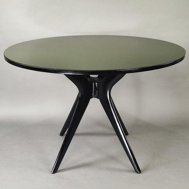 Italian Round Black Lacquered Table with Olive Green Glass Top, 1950s For Sale - Image 3 of 8