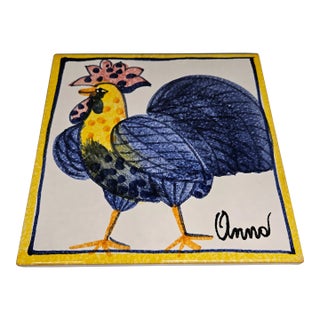 Vtg Fortini Italian Hand Painted Rooster Decorative Ceramic Painting/Trivet, Italy For Sale