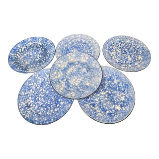 Vintage Blue and White Stangl Spongeware Town and Country Plates - Set of 6 For Sale