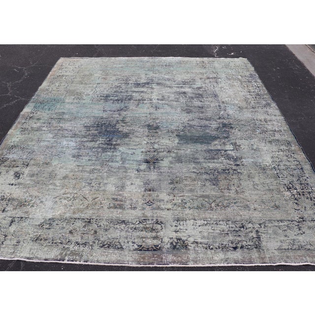 Distressed Vintage Persian Rug With Abstract Design in Blue, Green & Gray & White For Sale In Atlanta - Image 6 of 17