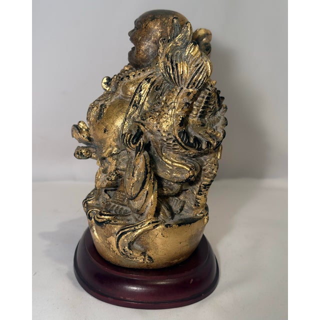 Gold Late 20th Century Chinoiserie Gilded "Faux Bronze" Laughing Buddha Statue on Wooden Base For Sale - Image 8 of 11